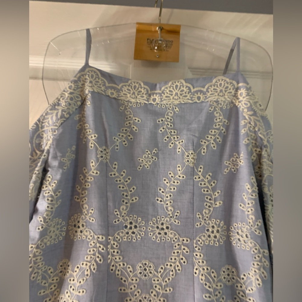 Elegant Blue and Cream Cold Shoulder Embroidered Lace Dress - Picture 7 of 16